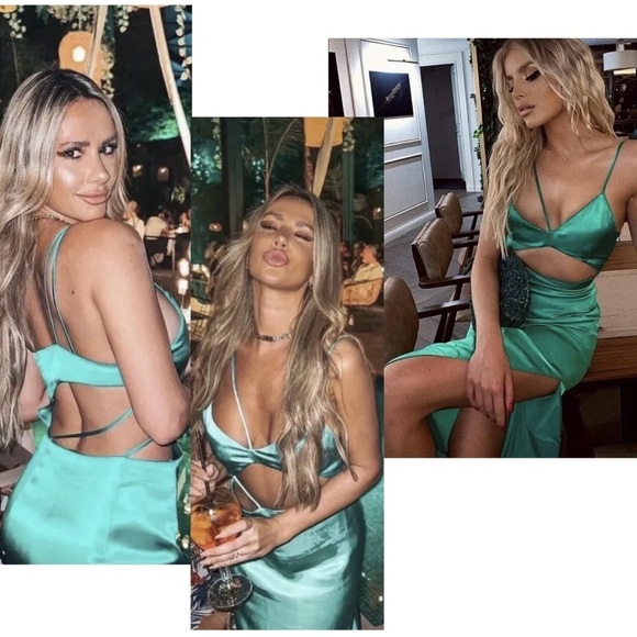 Zara green satin effect asymmetrical strappy cut-out crisscross slit midi dress - Picture 6 of 12